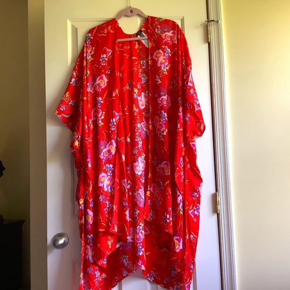 G.I.L.I. Regular Open-Front Woven Printed Kimono Duster Red Floral SZ XS/S - Picture 1 of 16